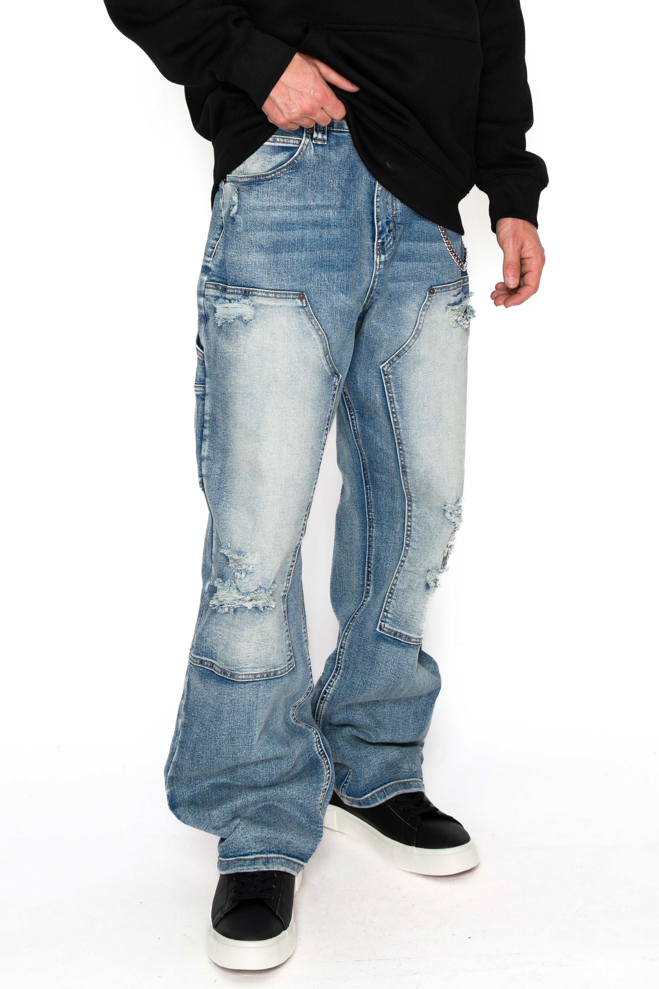 Baggy Distressed Carpenter Jeans in light wash blue, front view